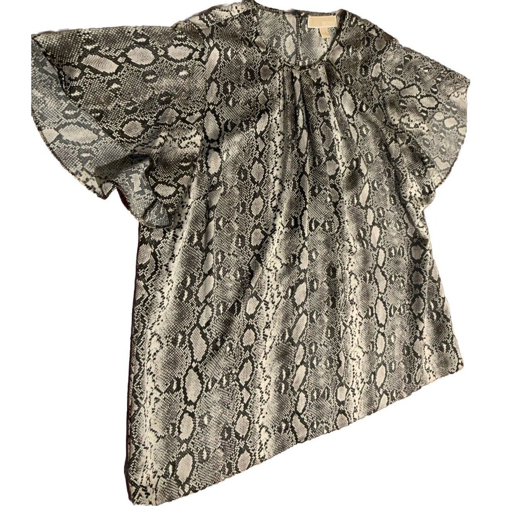 Michael Kors Women’s Short Sleeve Snake Skin Pattern Sheer Top XL Black&White